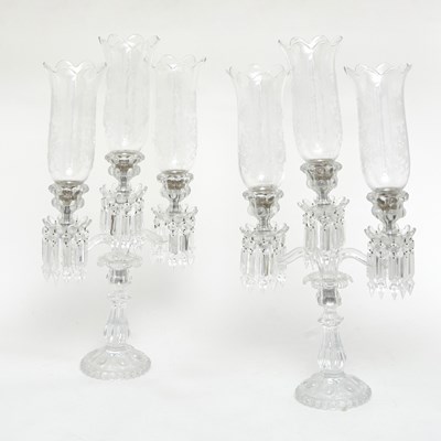 Lot 111 - Pair of Baccarat Molded and Etched Glass Three Light Candelabra