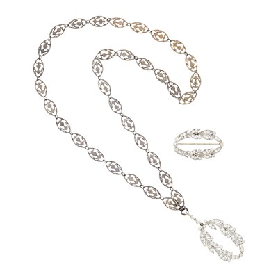 Lot 1165 - Platinum and Diamond Brooch and Pendant with Silver Link Necklace