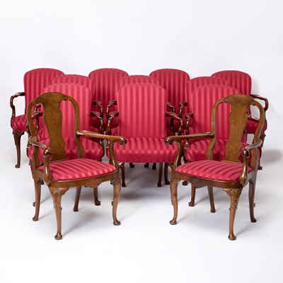 Lot 651 - Set of Twelve George I Style Upholstered Walnut Dining Armchairs