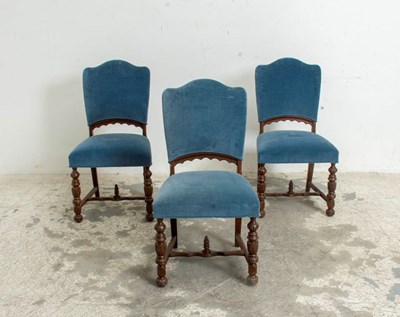Lot 326 - Group of Three Jacobean Style Walnut and Velvet Upholstered Dining Chairs