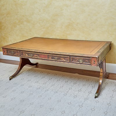 Lot 187 - Regency Faux Bamboo, Lacquer and Gilt-Tooled Brown Leather Lined Writing Table