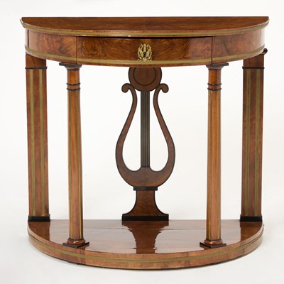 Lot 654 - Baltic Neoclassical Brass-Mounted Burr Birch and Part-Ebonized Console