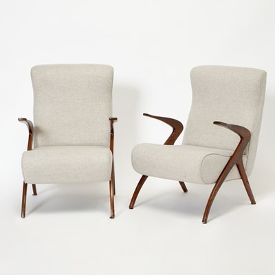 Lot 201 - Pair of Ico Parisi Style Upholstered Walnut Armchairs