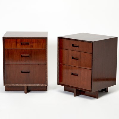 Lot 230 - Pair of Frank Lloyd Wright Mahogany "Taliesan" Bedside Chests of Drawers