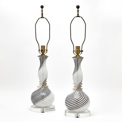 Lot 216 - Pair of Dino Martens for Aureliano Toso Murano Blown Glass "Bianco Nero" Mezza Filigrana Table Lamps