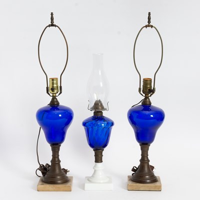 Lot 48 - Pair of Brass and Cobalt Glass Oil Lamps