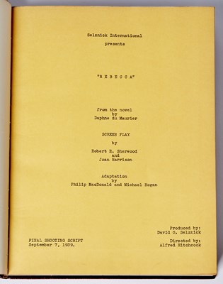 Lot 136 - A presentation copy with photographs of the shooting script for Rebecca, stamped on the cover for producer David O. Selznick