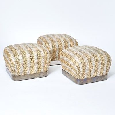 Lot 250 - Three Karl Springer Chromed Metal and Upholstered Pouf Ottomans