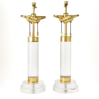 Lot 751 - Pair of Karl Springer Style Gilt-Brass and Lucite Table Lamps