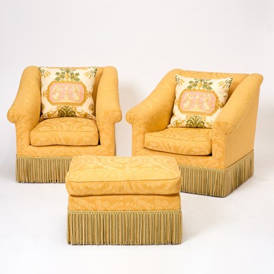 Lot Pair of Damask Upholstered Lounge Chairs