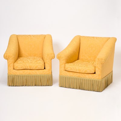 Lot 730 - Pair of Damask Upholstered Lounge Chairs