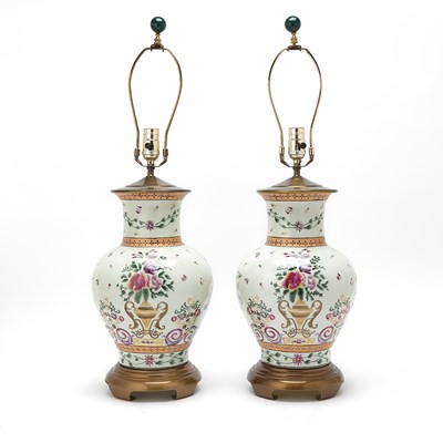 Lot 364 - Pair of French Porcelain Table lamps in Chinese Famille Rose Style