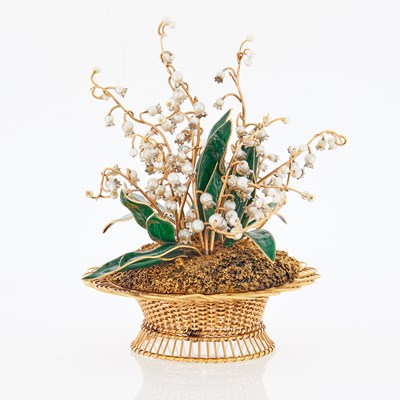 Lot 370 - Vourakis 18KT Gold, Pearl and Enamel 'Lilies-of-the-Valley' Basket