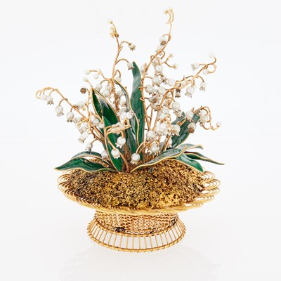 Lot 370 - Vourakis 18KT Gold, Pearl and Enamel 'Lilies-of-the-Valley' Basket