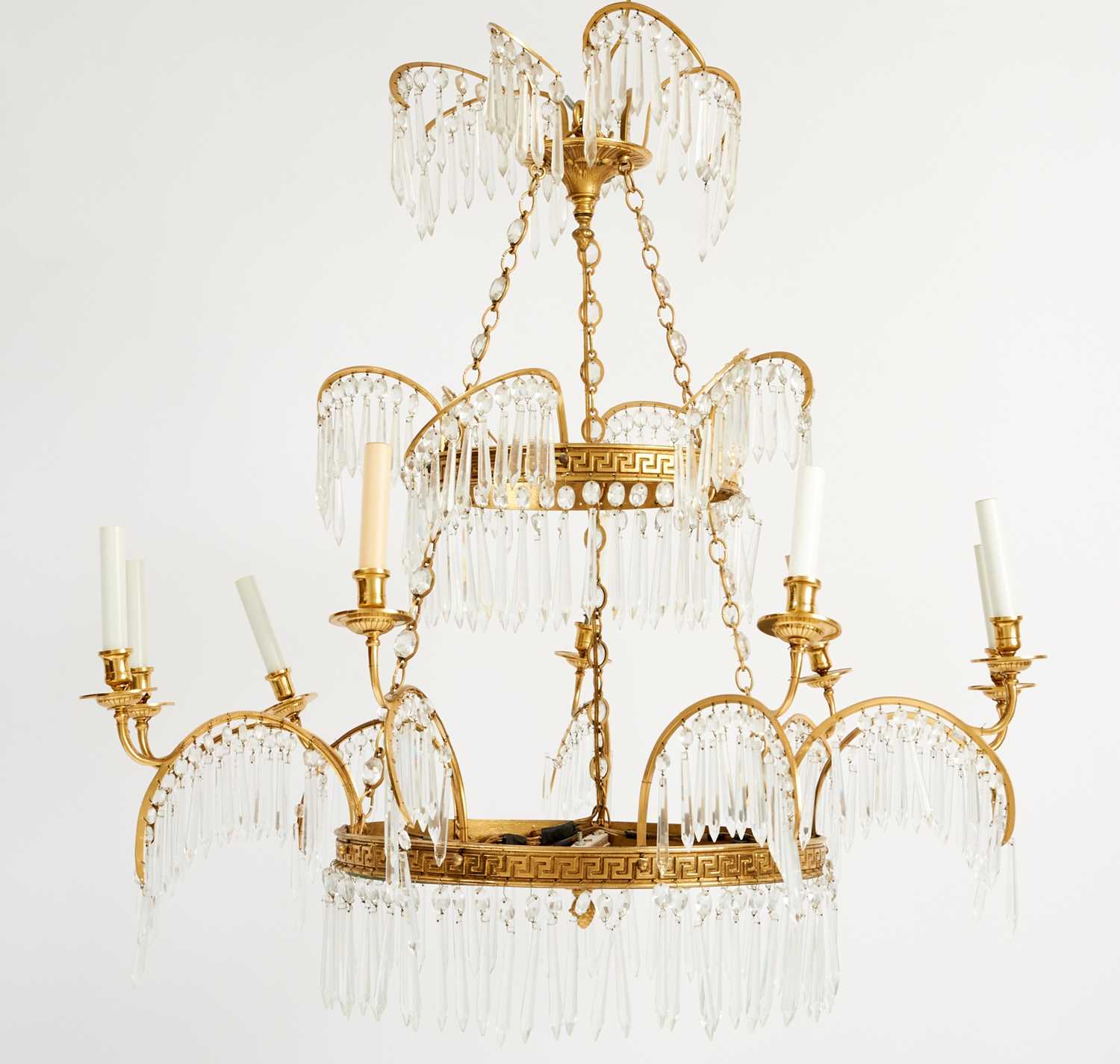 Lot 361 - German Neoclassical Style Cut Glass Mounted Brass Nine Light Chandelier