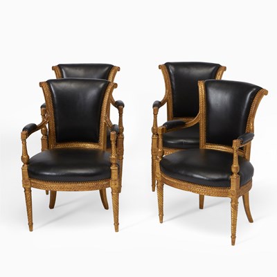 Lot 359 - Set of Four Directoire Leather Upholstered Carved Giltwood Fauteuils En Cabriolet
