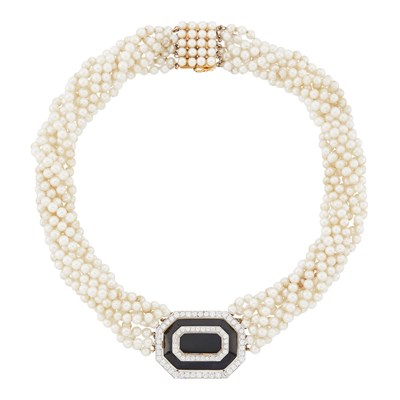 Lot 1155 - Eight Strand Cultured Pearl Torsade Necklace with David Webb, Gold, Platinum, Black Onyx, Diamond and Black Enamel Plaque
