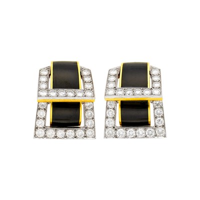 Lot 18 - David Webb Pair of Gold, Platinum, Black Enamel and Diamond Buckle Earclips