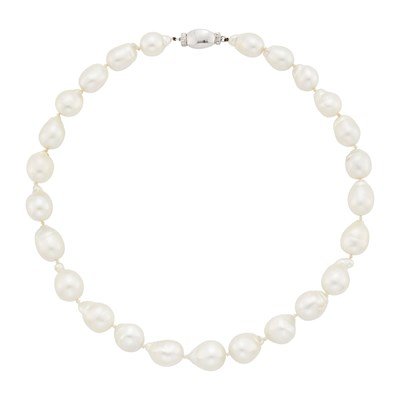 Lot 1075 - Baroque South Sea Cultured Pearl Necklace with White Gold and Diamond Clasp
