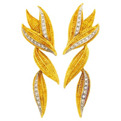 Lot 130 - Mapamenos Natepas Pair of Two-Color Gold and Diamond Leaf Pendant-Earclips
