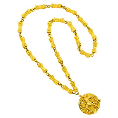 Lot 48 - Tiffany & Co. Gold and Diamond Libra Zodiac Pendant with Gold Bamboo Link Necklace