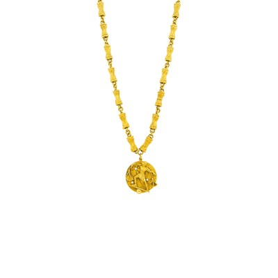 Lot 48 - Tiffany & Co. Gold and Diamond Libra Zodiac Pendant with Gold Bamboo Link Necklace