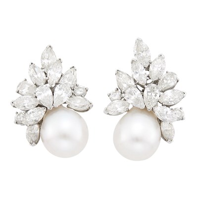 Lot 167 - Van Cleef & Arpels Pair of Platinum, Diamond and South Sea Cultured Pearl Cluster Earclips