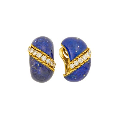Lot 102 - Van Cleef & Arpels Pair of Gold, Lapis and Diamond Earclips, France