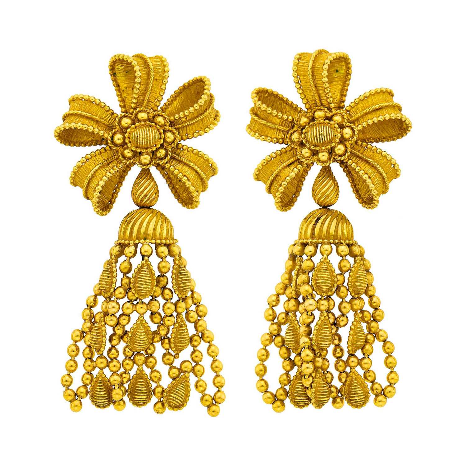 Lot 112 - Tiffany & Co. Pair of Gold Bow Pendant-Earclips, France
