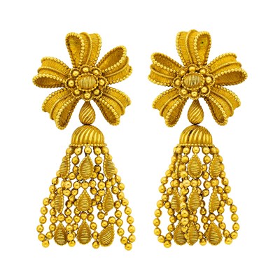 Lot 112 - Tiffany & Co. Pair of Gold Bow Pendant-Earclips, France