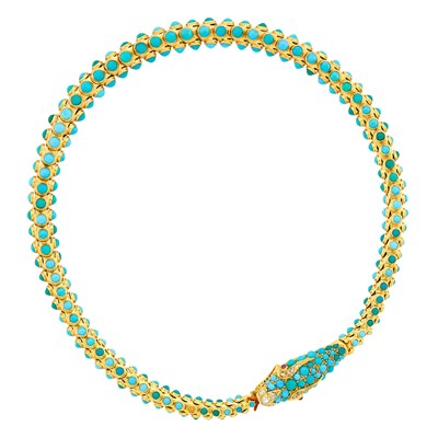 Lot 1143 - Gold, Turquoise, Diamond and Cabochon Ruby Serpent Necklace