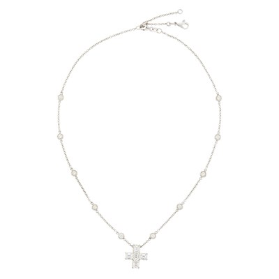Lot 1086 - White Gold and Diamond Cross Pendant with White Gold and Diamond Chain Necklace