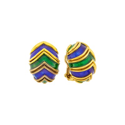 Lot 1019 - Pair of Gold, Green and Blue Enamel Bombé Earclips
