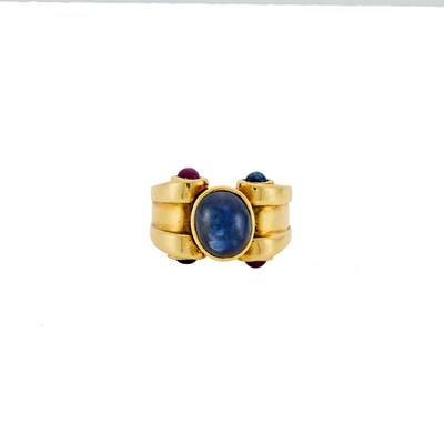 Lot 1187 - Gold, Cabochon Sapphire and Ruby Ring