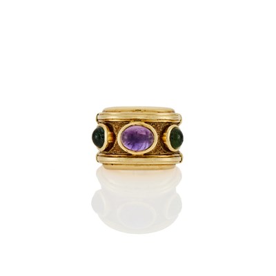 Lot 1181 - Wide Gold, Cabochon Amethyst and Tourmaline Ring