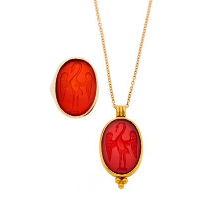 Lot 1119 - Gold and Carved Carnelian Pendant with Chain Necklace and Ring