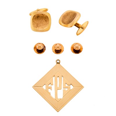 Lot 1130 - Pair of Low Karat Gold Cufflinks, Shirt Studs and Gold Pendant