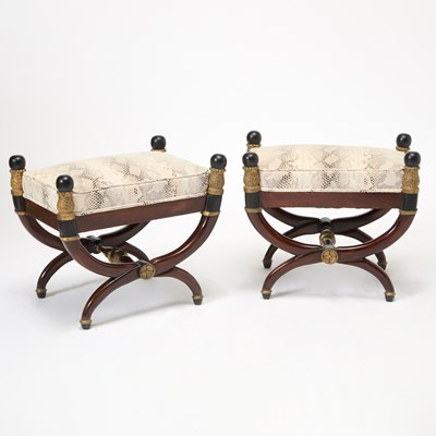 Lot 561 - Pair of Empire Style Part-Ebonized and Parcel Gilt Upholstered Stools