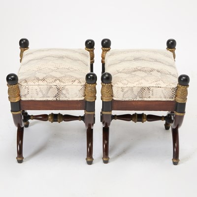 Lot 561 - Pair of Empire Style Part-Ebonized and Parcel Gilt Upholstered Stools