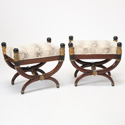 Lot 561 - Pair of Empire Style Part-Ebonized and Parcel Gilt Upholstered Stools