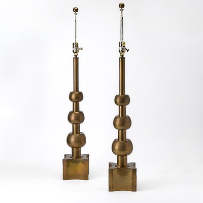 Lot 595 - Pair of Tommi Parzinger for Stiffel Patinated Metal Lamps