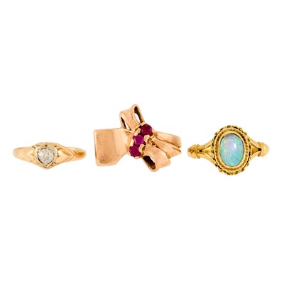 Lot 2267 - Gold and Opal Ring and Gold and Diamond Ring and Retro Synthetic Ruby Ring