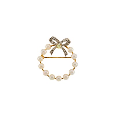 Lot 2076 - Two-Color Gold, Cultured Pearl and Diamond Bow Circle Brooch
