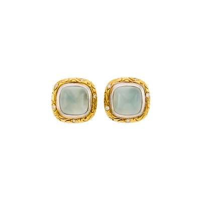 Lot 2044 - Seidengang Pair of Two-Color Gold, Cabochon Aquamarine and Diamond Earclips