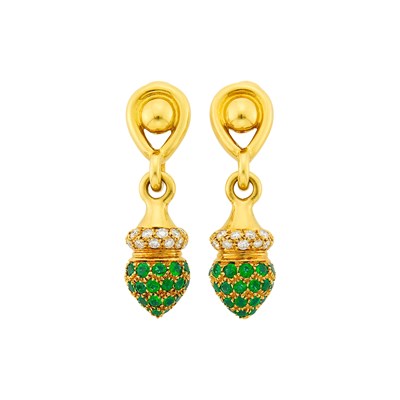 Lot 122 - Boucheron Paris Pair of Gold, Diamond and Emerald Pendant-Earclips