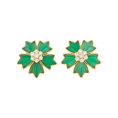 Lot 51 - Van Cleef & Arpels, Pair of Gold, Carved Green Onyx and Diamond Flower Earclips, France