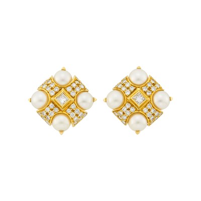 Lot 1028 - Pair of Gold, Cultured Pearl and Diamond Earclips