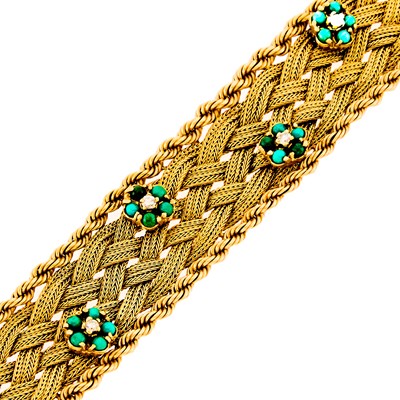 Lot 2054 - Braided Gold Mesh, Turquoise and Diamond Floret Bracelet