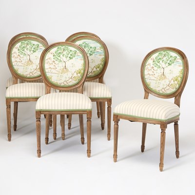 Lot 301 - Set of Six Louis XVI Style Upholstered Beechwood Dining Side Chairs
