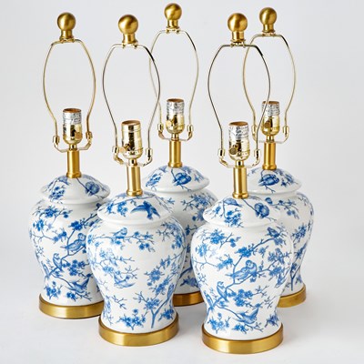 Lot 211 - Five Chinese Blue and White Porcelain Lamps